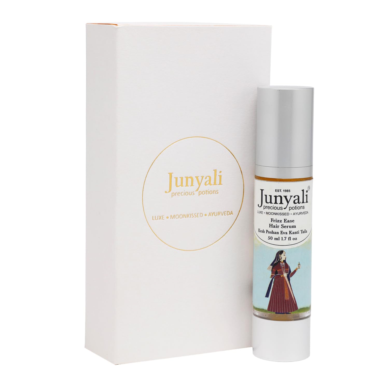 Junyali Frizz Ease Hair Serum - 50ml Kesh Poshan Eva Kanti Tail Anti-Frizz Treatment with Hibiscus, Black Seed, Amla & Rosemary - Controls Frizz, Adds Shine, & Promotes Hair Growth - Vegan 2
