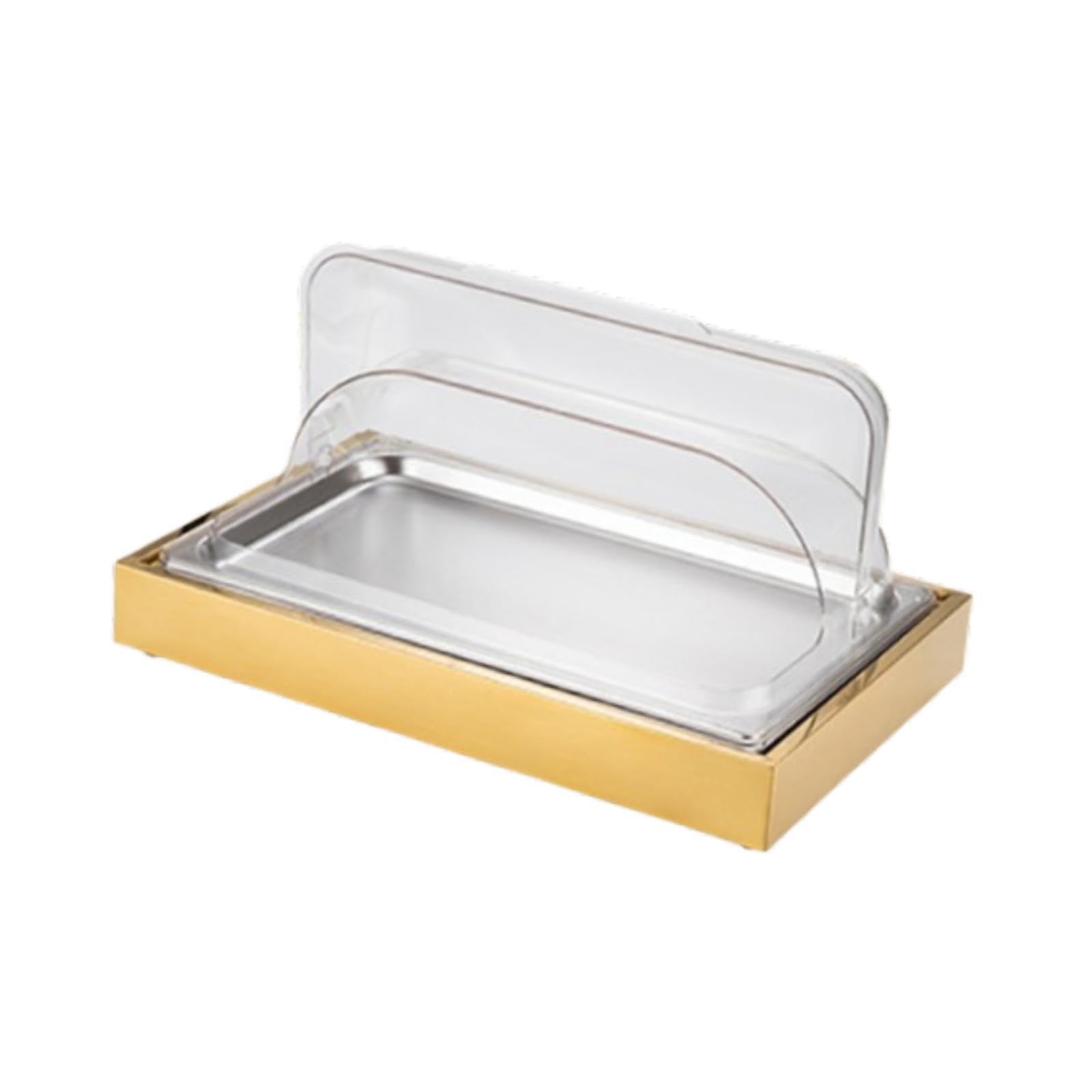 Qianly Bandeja Expositora para Servir Alimentos Fríos, Fácil de Limpiar, para Buffet de, con Tapa Enrollable Transparente, Ideal para Reuniones en H, Oro