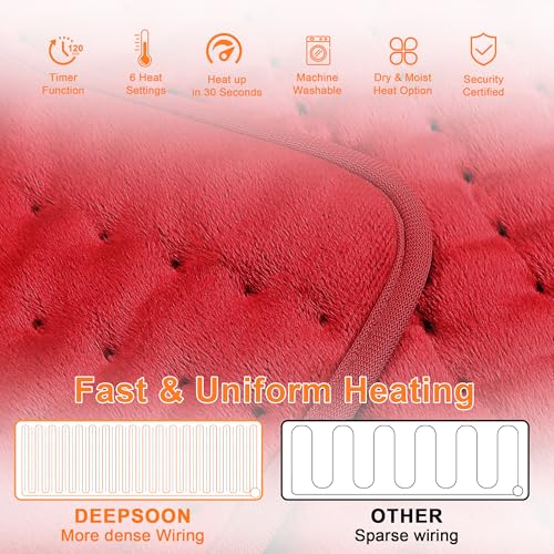 Image of Deepsoon Heating Pad,Electric Heating Pads for Back,Neck,Moist Heating Pad for Abdomen Shoulder Knee Legs,Dry /Moist Heat&Auto Shut Off,Mother's Day Birthday for Men and Women,Red,33x17 Inch
