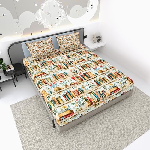 Image of Dream Weaverz 7D Bedsheet for Double Bed King Size with 2 Pillow Covers | Digital Printed & Fitted Elastic for Kids | Soft Glaze Cotton Feel | Fits Upto 12 Inch Mattress (Bookshelf & Floral)