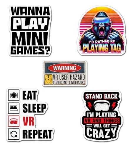 Image of (Set of 5) I'd Rather Be Playing Tag Gorilla Sticker, Wanna Play Mini Games Decal Gift, VR Player Virtual Reality User Hazard Gamer Funny Warning Stickers