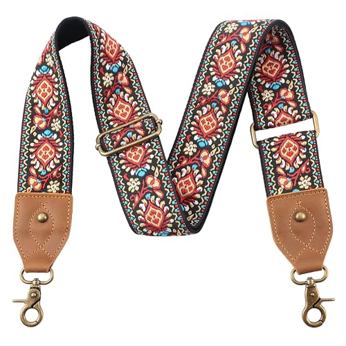 Nefelibata Purse Strap 2 Cowhide Head Wide Shoulder Strap Adjustable Replacement Retro Jacquard Embroidery Multi-pattern Crossbody Bag Straps for Handbag Crossbody Bags Shoulder Bags(Safflower)