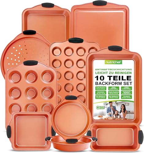 NutriChef Backset 10-teilig Kupfer mit schwarzen Silikongriffen – Backblech, Brotbackform, Muffinform Antihaft Karbonstahl - Stapelbar - Ofenfest bis 230 °C - Spülmaschinenfest