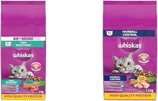 WHISKAS Dry Cat Food with Real Tuna, 2 kg Bag & Dry Cat Food - Hairball Control with Real Chicken, 1.5kg Bag
