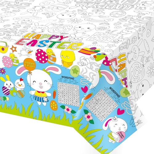 WorldBazaar Easter Coloring Tablecloth for Kids 88 x 54 Craft Easter Activities Paper Banner Bunny Table Cover Disposable Spring Party Decorations