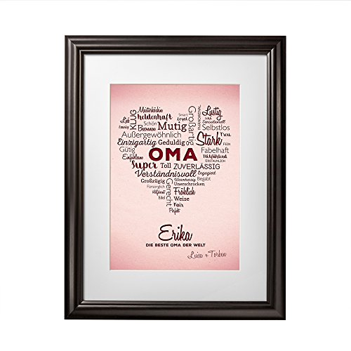 Bild – Wortherz für Oma – Personalisiert mit Namen – Hochwertiger Druck im dunklen Bilderrahmen – Geschenkidee für Großmütter –