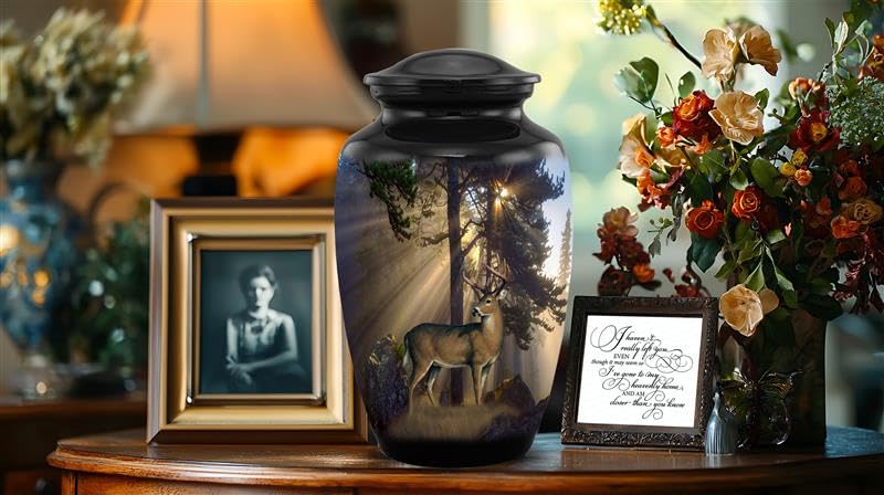Image of Gone Hunting Deer Cremation Urn with Sunrays - Majestic Buck Memorial Urn for Human Ashes - Handcrafted Full Size Adult Funeral Urn up to 200 lbs with Velvet Bag (Large)