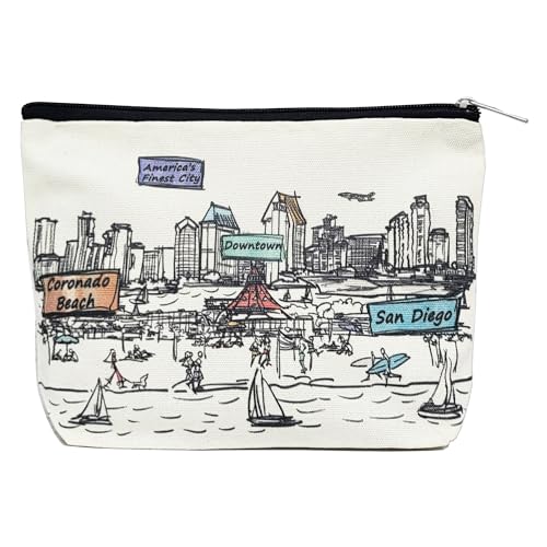 Beary Blu Cities Around the World Artwork Cosmetic Bag Series – Designed in USA, Travel Makeup Bag with Zipper, Souvenir Gift for Women, Artwork Organizer for Purse or Toiletry (San Diego)