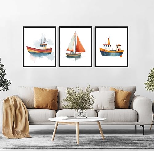 Póster de impresión artística para guardería con diseño de barco en set de 3 cuadros 4