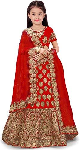 Girl's Taffeta Satin Semi-stitched Embroidered Lehenga Choli - Ghagra, Choli, Dupatta Set