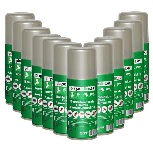 PLAGAS ONLINE Bomba Insecticida Fumigadora anti Chinches, Ácaros, Pulgas, Cucarachas, Mosquitos, Hormigas, Polillas…   Uso interiores   Acción Rápida y Duradera   100ml (12 uds)