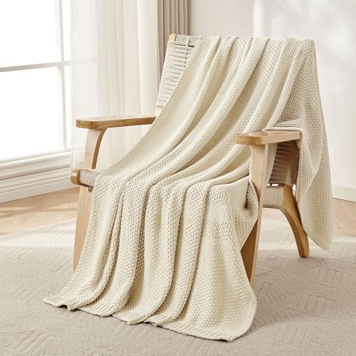 Joydeco Chunky Cable Knit Throw Blanket, Lightweight 100% Cotton Soft Cozy Throw Twin Blanket for Couch Bed and Sofa, Rustic Breathable Farmhouse Blanket Gift for Women Men(Cream White, 51'x63')