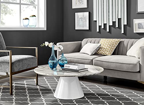 Furniturebox UK Coffee Table - Palma Round Coffee Table - Modern Coffee Tables With Tapered Central Pillar - White Marble-Effect Finish - Living Room Furniture