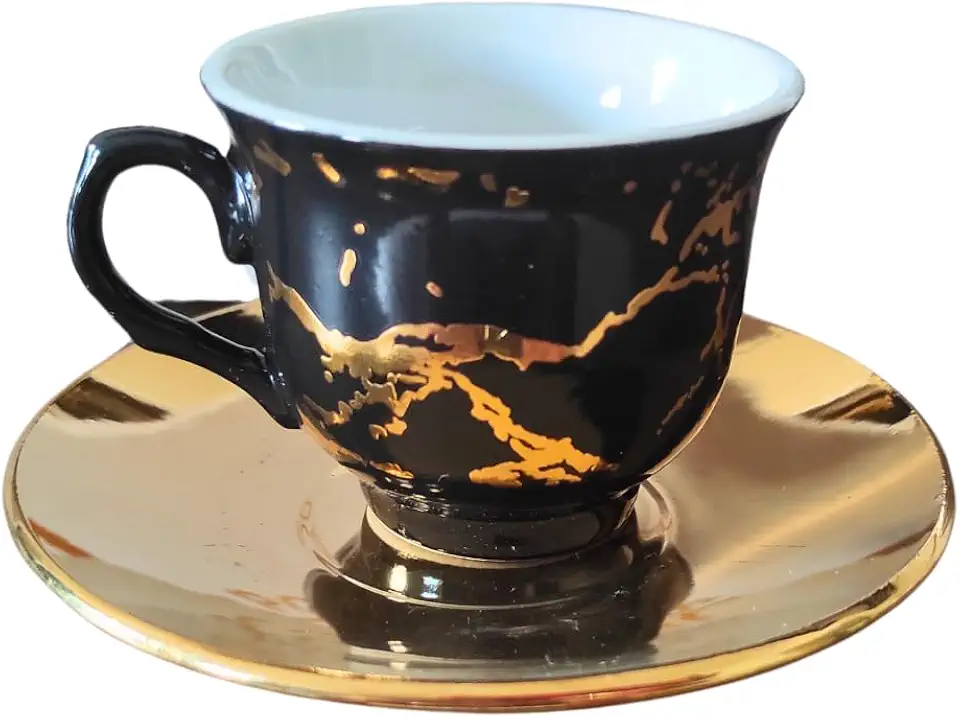 Conjunto Xícara de Café Ouro 12 Peças Porcelana Chinesa 80ML Cafezinho Expresso Para Presente (PRETO PREMIUM)