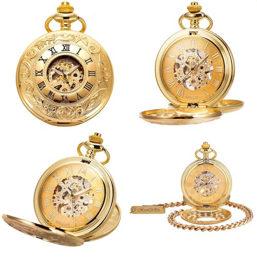 Image of ManChDa Mechanical Roman Numerals Dial Skeleton Pocket Watches with Luxury Wooden Box and Chains for Mens Women