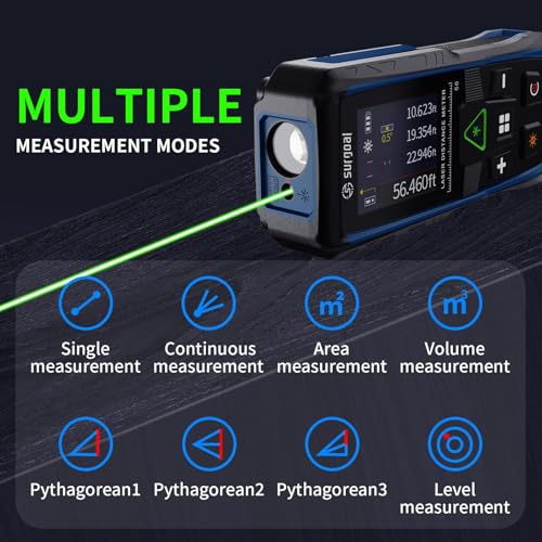 165Ft Green Laser Distance Meter – Digital Laser Measure with Angle Sensor, 4-Way Rotating Backlit LCD, Pythagorean Mode, Unit Switch, ±3mm Accuracy, Handheld Measuring Tool