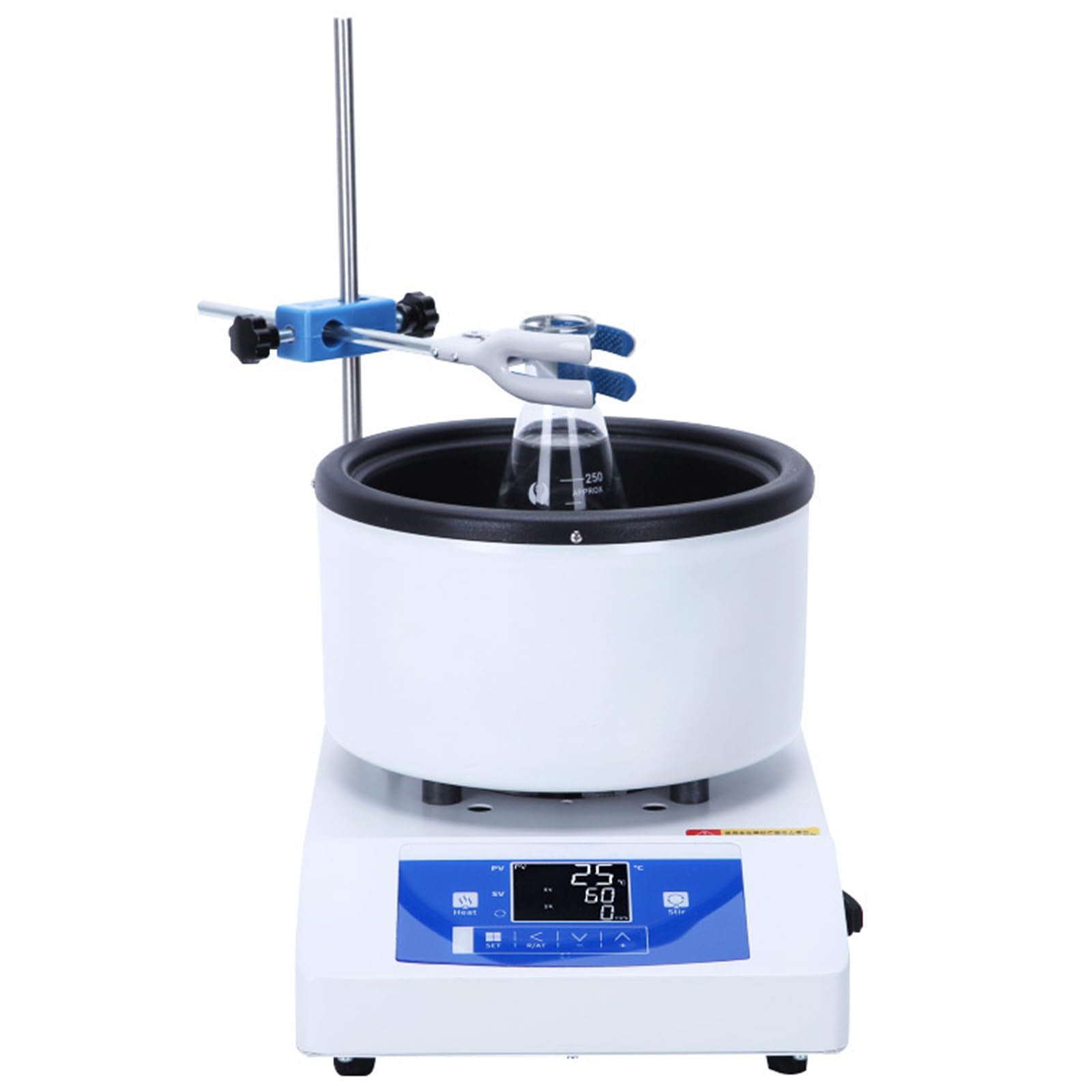 Olla térmica magnética con control de temperatura, pantalla LCD, velocidad 50-2000 RPM, capacidad de 2 litros, ideal para uso en laboratorio con matraces esféricos