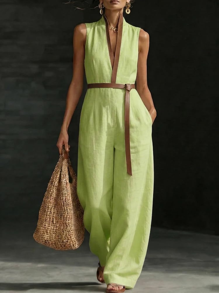Jumpsuit Tuta Intera Donna Elegante Chic Estiva Monopezzi e Tutine senza Manica Scollo V Patchwork Pantaloni Larghi Vita Alta