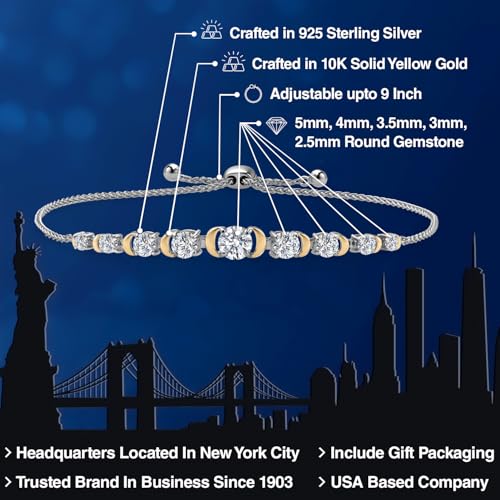 Gem Stone King 1.70 Cttw Round Lab Grown Diamond Graduated Bracelet For Women | 925 Silver and 10K Yellow Gold | DEF Color | VVS-VS Clarity | Adjustable Bolo Bracelet | Easy-On Easy-Off2
