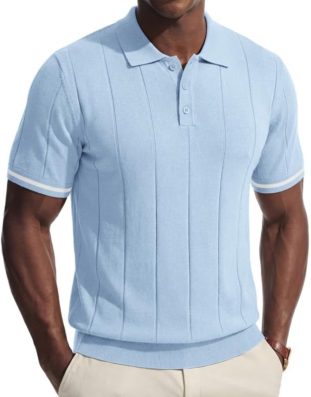 PRIVIMIX Mens Knit Texture Polo Shirts Sweater Short Sleeve Casual Polo Shirts with Button for Summer Golf