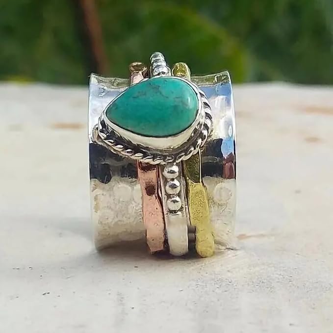 LRGKMCWTOB Vintage Sterling Silver Turquoise Ring for Women, Bohemian Style Handmade Dainty Ethnic Healing Stone Ring, Tribal Totem Cut Natural Turquoise Bridal Statement Ring Gift Size 7