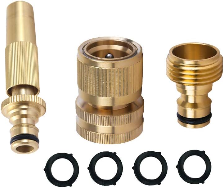 HQMPC Garden Hose Quick Connect With Nozzle Solid Brass Quick Connector Garden Hose Fitting Water Hose Connectors 3/4 inch GHT (1Femle Coupler+Male nipple+1 Spray Nozzle)+ 4 Extra Washers)
