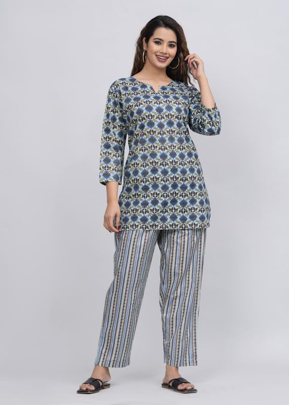 Image of 100% Cotton Printed Night Suit for Women's Shirt and Pyjama Sleep wear Set for Womens and Girls