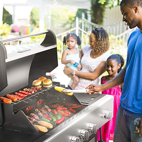 RINKMO Liquid Propane Grill with Side Burner and Hose, 52000 BTU, 4 barbecue, 670 Sq Inch Cooking Area, Cart Style Stainless Steel Tabletop Gas BBQ Stove for Garden, Outdoor, Camping