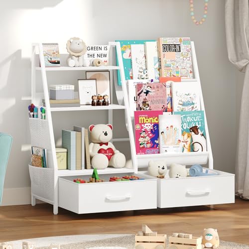 MAHANCRIS Kids Bookshelf and Toy Storage,3-Tier Sling Bookcase for Kids,Sturdy