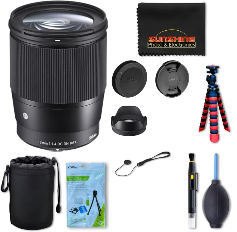 Sigma 16mm f1.4 DC DN Contemporary Lens for Sony E with Sunshine Photo Professional Bundle - 4 Years USA Manufacturer Warranty