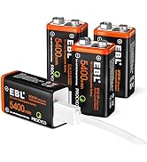 EBL 4-Pack USB Rechargeable 9V Lithium Batteries - 5400mWh With Charging Cable
