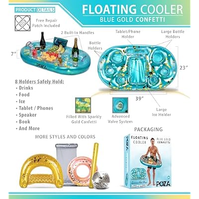 POZA Inflatable Gold Floating Cooler - Luxurious Drink Holder Filled with Sparkly Confetti, Premium Party Float with 8 Holders, Serving Bar for Beach, Lake, Hot Tub, Jacuzzi and Pool - 39x23 Inches