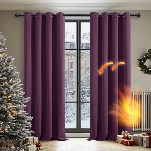 Image of Deconovo Bedroom Eyelet Curtains Thermal Insulated Noise Reducing Ring Top Blackout Curtains for Livingroom Purple 46x63 Inch 2 Panels