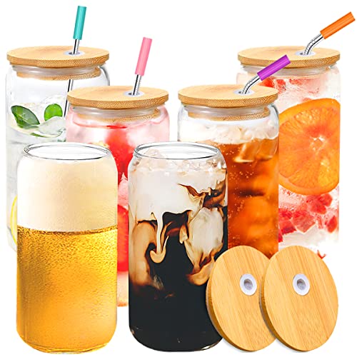 Hilivy 6 Pcs Beer Can Glass Cups with Lids and Straws - 16 oz Iced Coffee Glasses Can Shaped Glass Cups,Beer Glasses set of 6,Drinking Glasses,Cute Cups Ideal for coffee,beer,Soda,Juice,Gift…