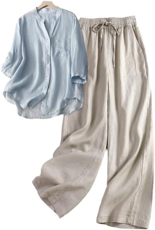 Women Vintage Embroidered Linen Two Piece Set Blouse Pants Summer Outfit