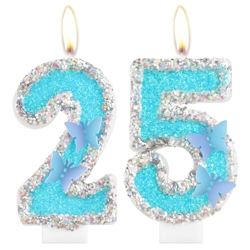 iNINGER Birthday Candles,Number 25 Candle,Butterfly 25th Birthday Decorations,Blue Happy Birthday Candle,Handmade Sequin Numeral Candle Wedding Cake Topper Anniversary Party Decor