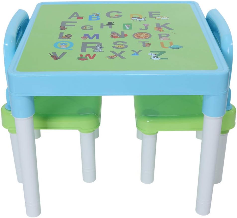 Children's Study Table Set, Plastic Kids Table and 2 Chairs Set for Boys or Girls Toddler (Light Blue)