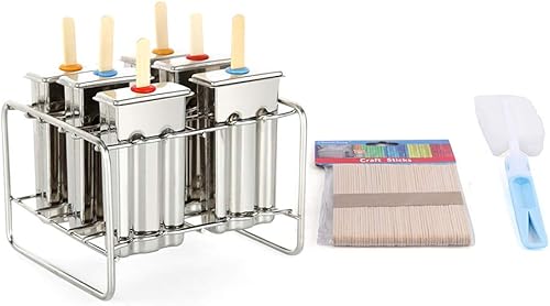 Miniatura 4 de Kit de moldes de paletas de hielo de acero inoxidable, 6 piezas para hacer paletas de hielo con bandeja que incluye 50 palitos de bambú