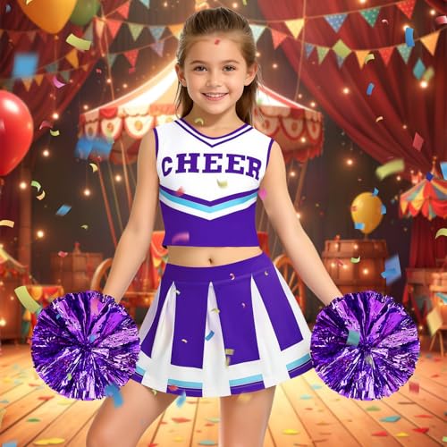 Luckyou Cheerleader Kostüm Kinder Mädchen Cheerleadering Outfit Mädchen Cheerleading Uniform Kleid mit Pompons Socken für Halloween Karneval Cosplay,Purple,150cm