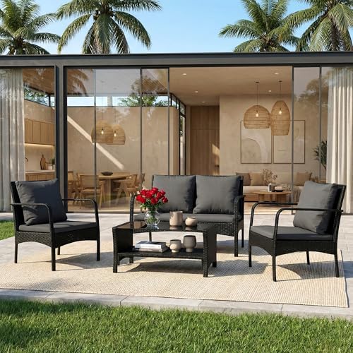 Image of BRISHI Outdoor Sofa Set || Balcony Sofa || Patio Furniture Sets || Indoor Sofa|| Wicker Rattan Garden Sofa Set with Cushion and Center Table, 4 Seater (Black & Grey)