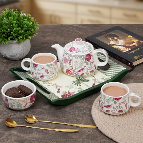 Image of CRAF10 Ceramic Handcrafted Blossom Breeze Small Tea Set - 1 Kettle (350 ML), 2 Cups (160 ML), 1 Bowl (for Sugar or Snacks), 1 Tray | Microwave & Dishwasher Safe | Teapot | Gifting Option