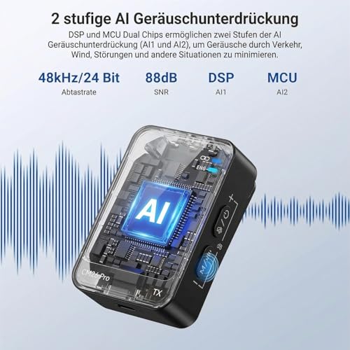 NEEWER CM26 Pro AI Drahtloses Mikrofon kompatibel mit iPhone Android Kameras PCs, Ansteckmikrofon DSP/MCU Mute Gain Low Cut 48 kHz/24 Bit… – Ansicht 2