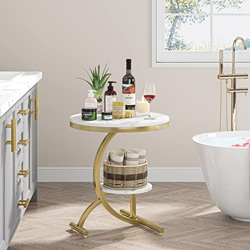 Tribesigns Faux Marble End Table, 2-Tier Round Sofa Side Table, 20'' Beside Table Storage Shelf C-Shaped Legs, Accent Coffee Cocktail Snack Table Nightstand Home & Office, Gold & White，1 Pc #TOP2