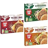 Céréal Bio Assortiments de 16 Cœur de burgers Veggie Original - Texas BBQ - à la Mexicaine, 100% Bio, Nutriscore A, Simple et rapide à réchauffer, 16 x 100 g