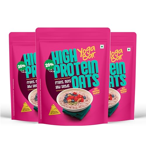 Image of Yogabar 26g High Protein Oats 1kg x 3, Fruits Nuts & Seeds - Breakfast Cereal with Wholegrains, 26% Protein & No added sugar - Oats High Protein for Gym - Premium Protein Blend with Whey Protein Powder - with Goodness of Chia, Sunflower & Pumpkin Seeds & Probiotics for Absorption
