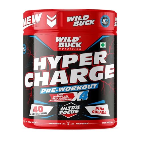 WILD BUCK Hyper Charge Pre-X4 Hardcore Pre-Workout Supplement Powder With Creatine Monohydrate,Arginine Aakg,Explosive Muscle Pump,Caffeinated Punch - [40 Serv,Pina Colada],1 Count,40 Servings