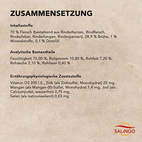 SALiNGO Premium Nassfutter für Hunde Rind PUR, getreidefrei, hoher Fleischanteil, allergenarm, Barf Dosen