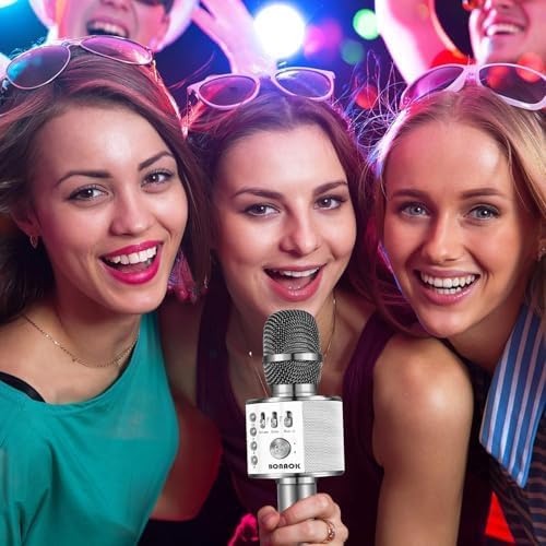 bonaok wireless bluetooth karaoke microphone,3-in-1 portable handheld karaoke mic speaker machine home party birthday for all smartphones q37 (space gray)