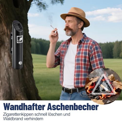 Aschenbecher Wandmontage Edelstahl, Wandaschenbecher für Draußen, Standaschenbecher mit Schloss für Terrasse Pub Bar Büro Hotel Restaurant (Schwarz)
