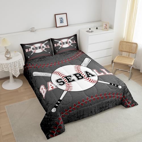 Image of Feelyou Baseball Comforter Set King Size Kids Softball Comforter for Boys Girls Teens Sports Game Grey Bedding Set Sports Theme Quilt Set